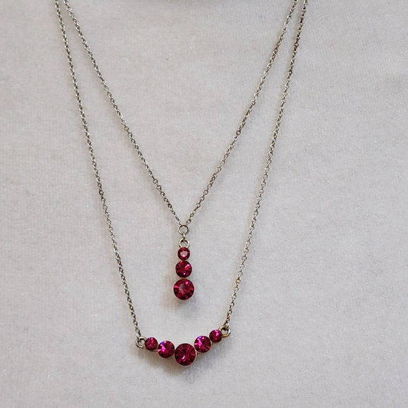 2 Tiered Silver Toned Necklace With Pink Rhinestone Crystals - Picture 1 of 8